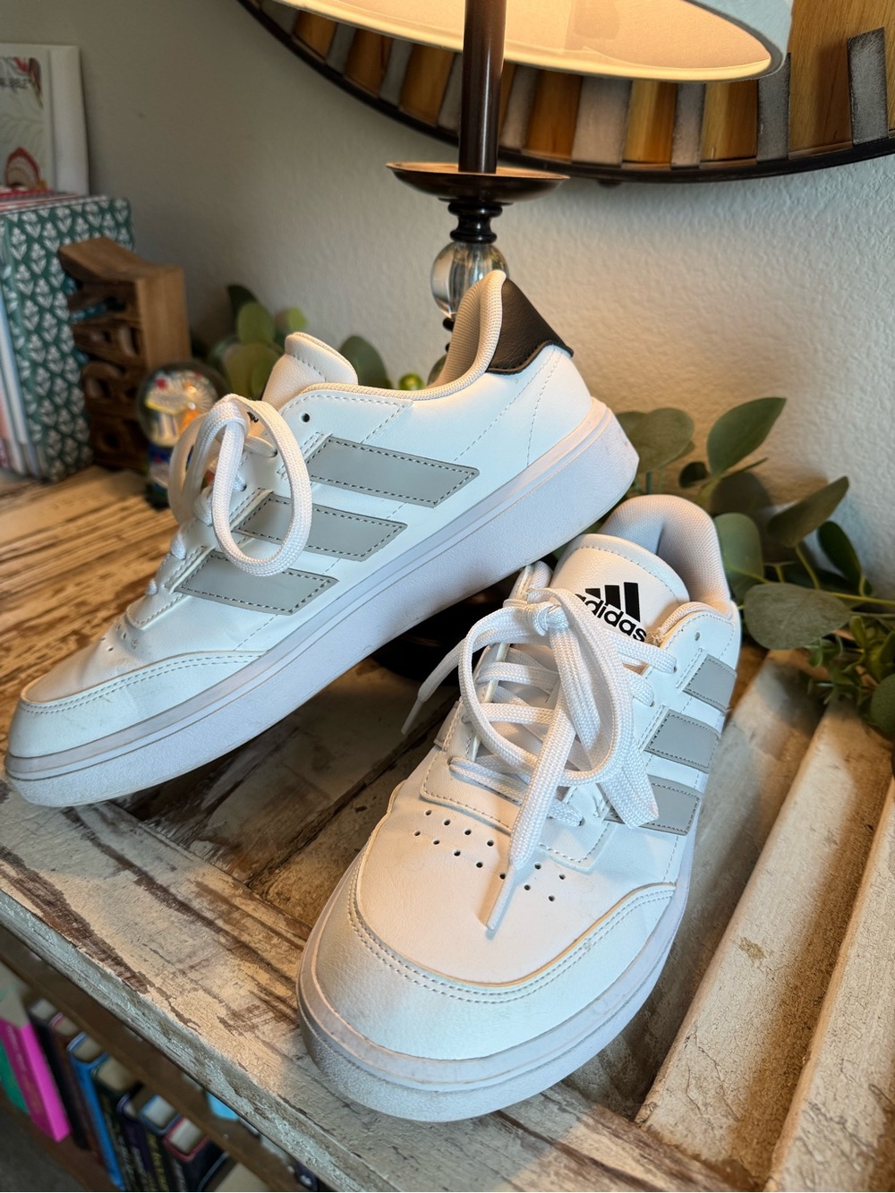 adidas White Sneakers with Gray Stripes and Black Heel Tab, W9/M7.5